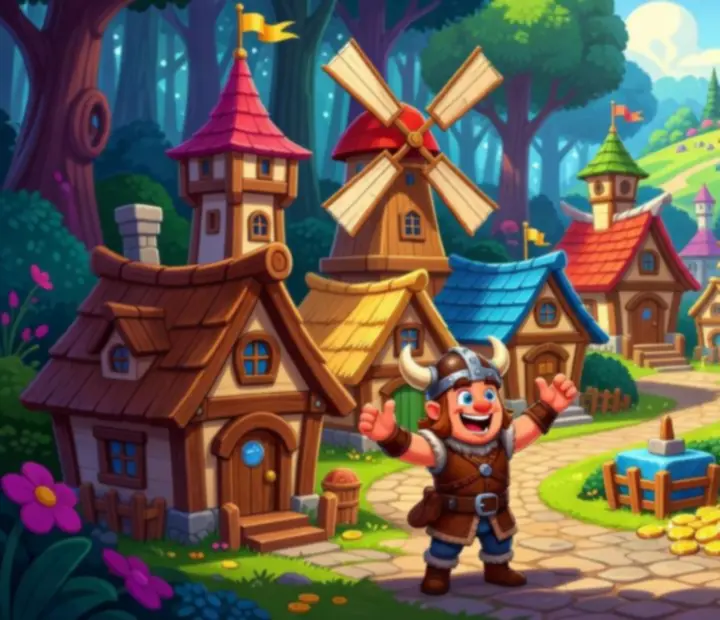 Ilustracja budowy i ulepszania wioski w stylu fantasy inspirowanym Coin Master