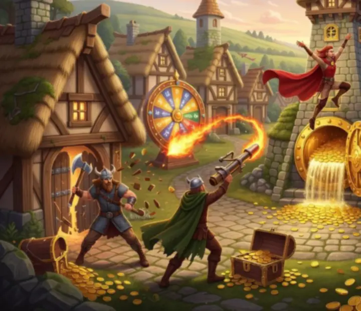 Różne typy wydarzeń Coin Master przedstawione na kolorowej planszy