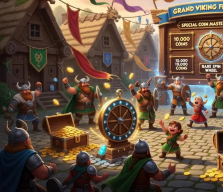 Kolorowa scena wydarzeń specjalnych w Coin Master z monetami i kołem fortuny