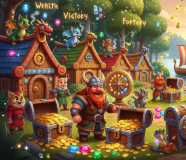 Fantazyjna wioska w stylu Coin Master z wikingami, skarbami i magicznym kołem