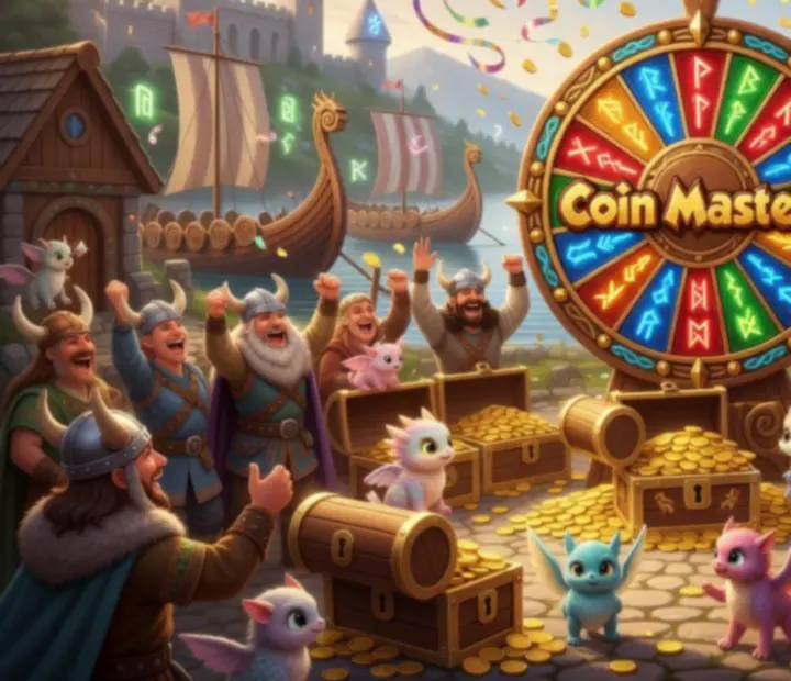 Kolorowa wioska wikingów podczas wydarzenia Coin Master z kołem fortuny, monetami i zwierzakami