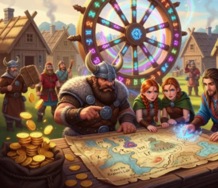 Strategiczny widok wioski Coin Master z budynkami i skarbami