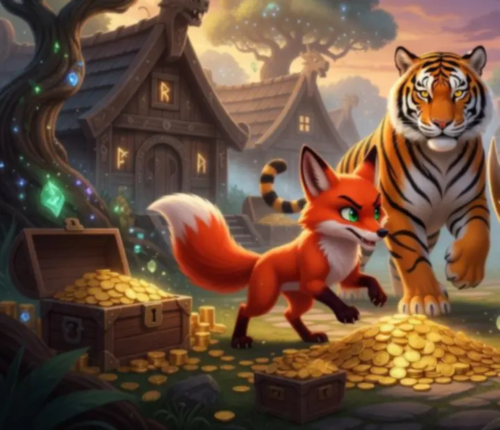 Fantazyjna scena z wioską w stylu Coin Master i zwierzakami w magicznym lesie