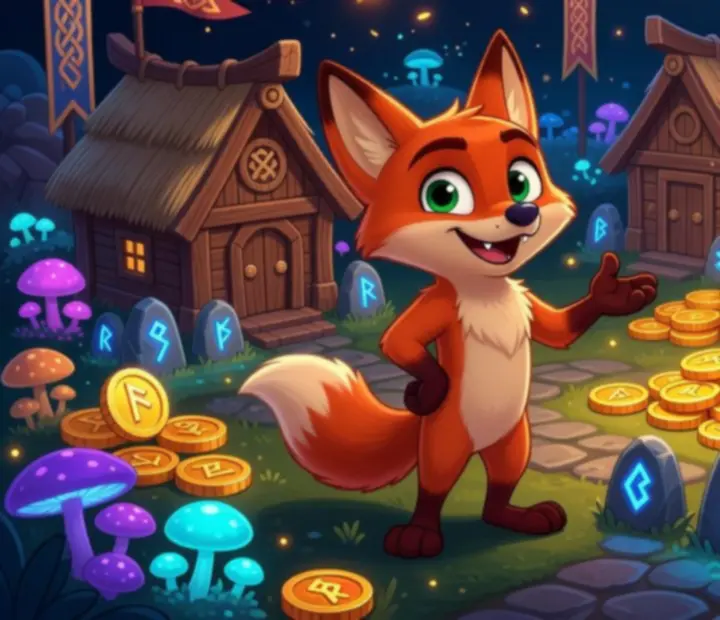 Foxy w fantazyjnej, wikingowej scenerii pełnej monet i skarbów