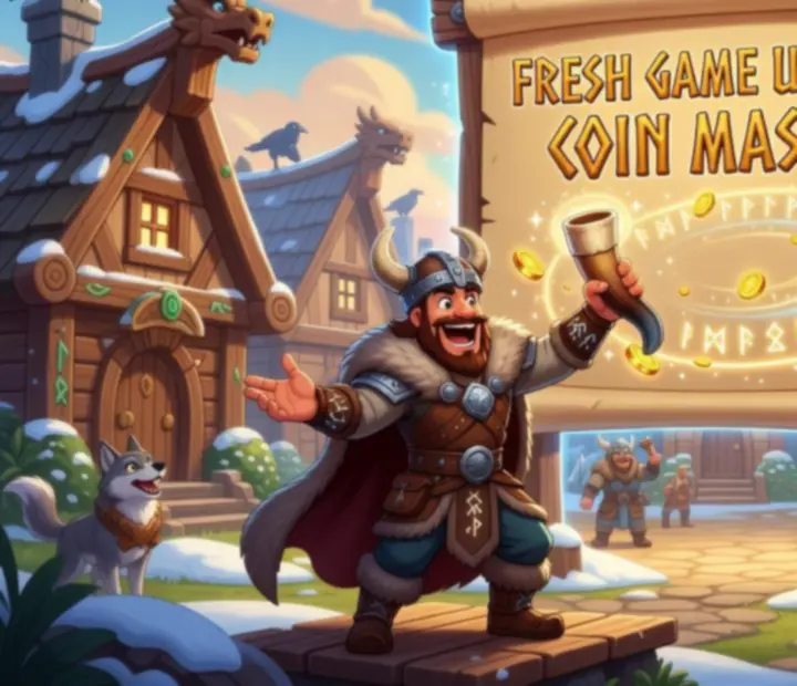 Magiczny młot wikinga uderzający w tarczę z ikonami aktualizacji gry