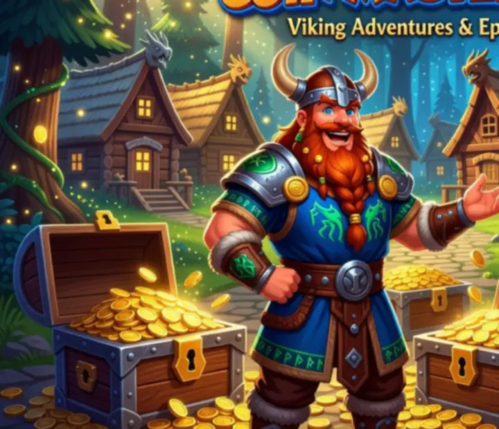 Fantazyjny wiking otwierający skrzynię pełną złotych monet w świecie Coin Master