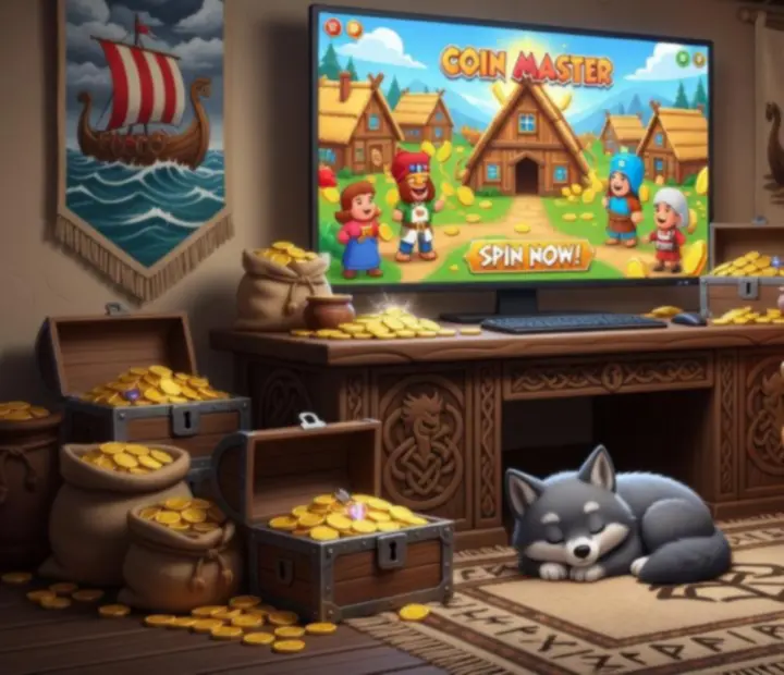 Magiczny ekran z odtwarzaczem wideo otoczony złotymi monetami i kryształami