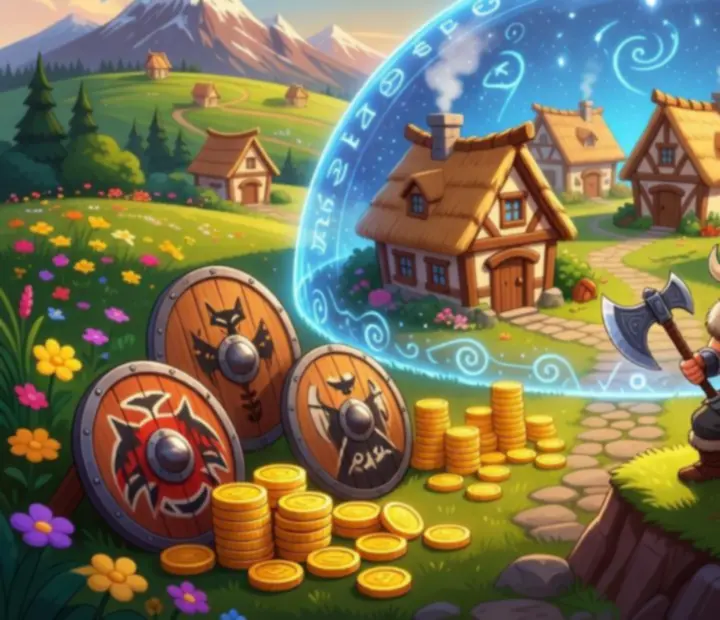 Fantazyjna ilustracja tarcz i ochrony wioski inspirowana Coin Master
